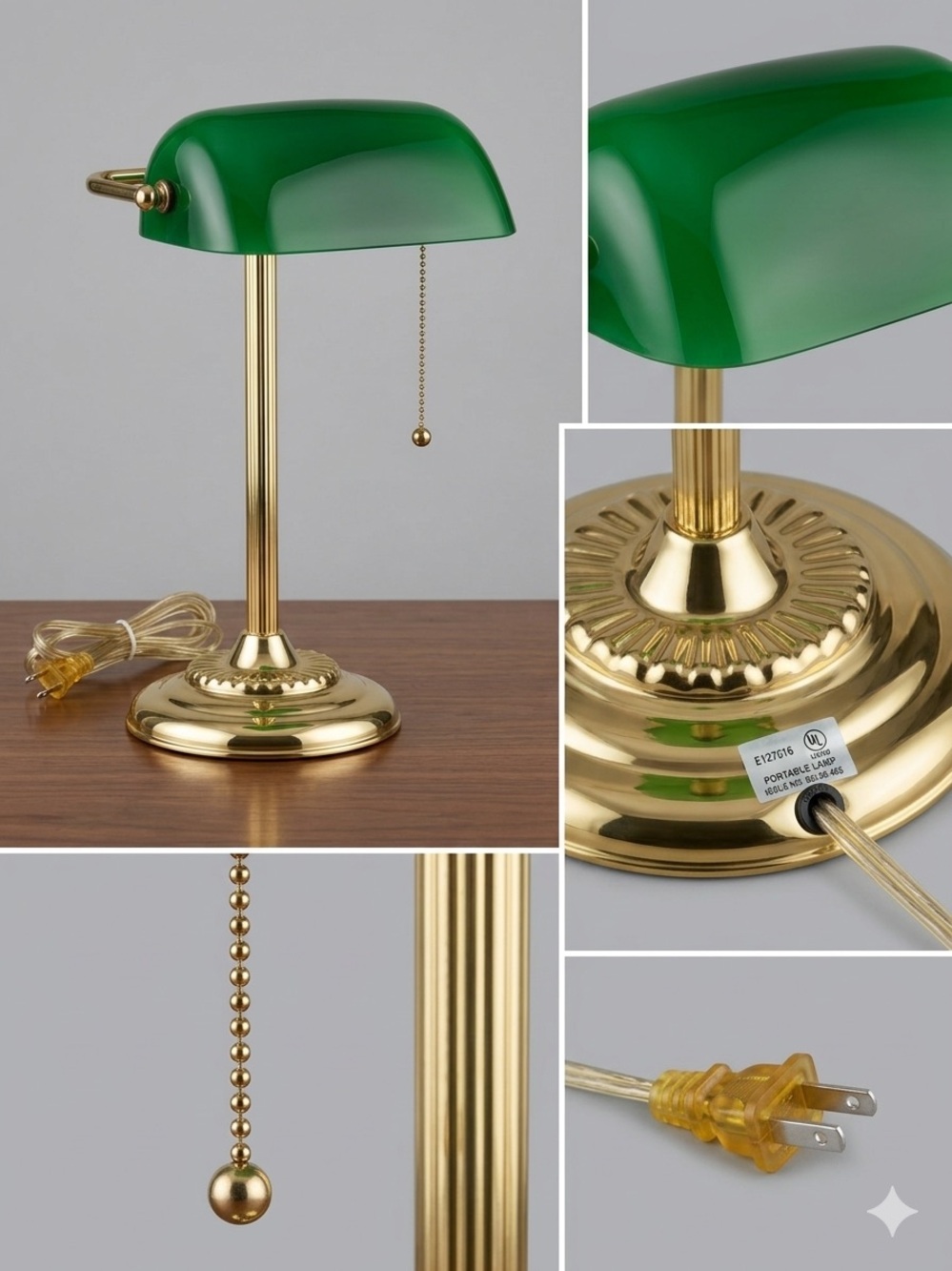 Green Glass Bankers Lamp with Brass Base